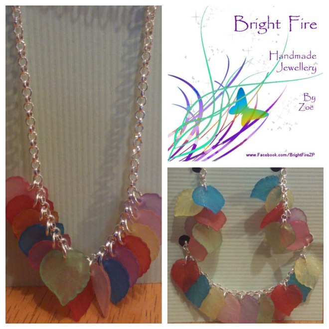 Necklace and bracelet set with a rainbow of leaves.